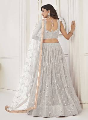 OFF WHITE  NET FABRIC LEHENGA CHOLI WITH SEQUINS AND THREAD EMBROIDERY WORK 5