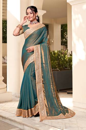 Teal Blue Siroski Stone Embroidery Silk Saree