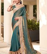 Teal Blue Siroski Stone Embroidery Silk Saree