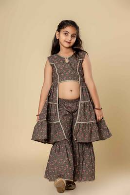 Grey embllished floral printed cotton sharara set girls 1
