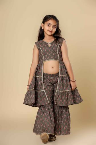 Grey embllished floral printed cotton sharara set girls