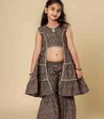 Grey embllished floral printed cotton sharara set girls