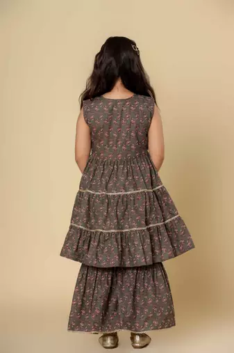Grey embllished floral printed cotton sharara set girls