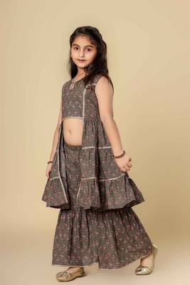 Grey embllished floral printed cotton sharara set girls 4