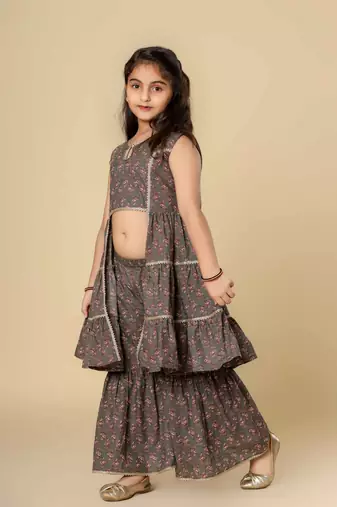 Grey embllished floral printed cotton sharara set girls