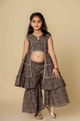 Grey embllished floral printed cotton sharara set girls 5