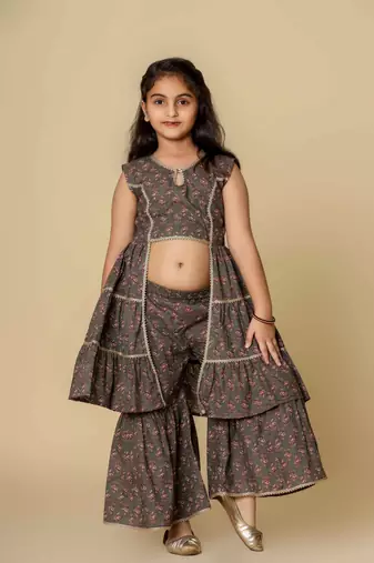 Grey embllished floral printed cotton sharara set girls