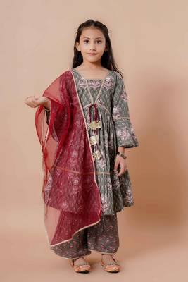 Girls festive printed angrakha pure cotton kurta & sharara with dupatta 1