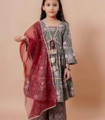 Girls festive printed angrakha pure cotton kurta & sharara with dupatta