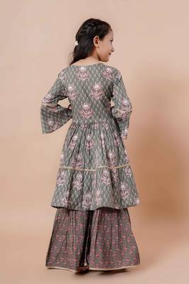 Girls festive printed angrakha pure cotton kurta & sharara with dupatta 2
