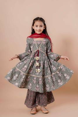 Girls festive printed angrakha pure cotton kurta & sharara with dupatta 3