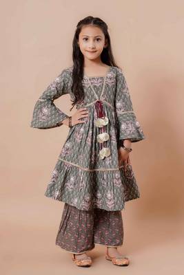 Girls festive printed angrakha pure cotton kurta & sharara with dupatta 4