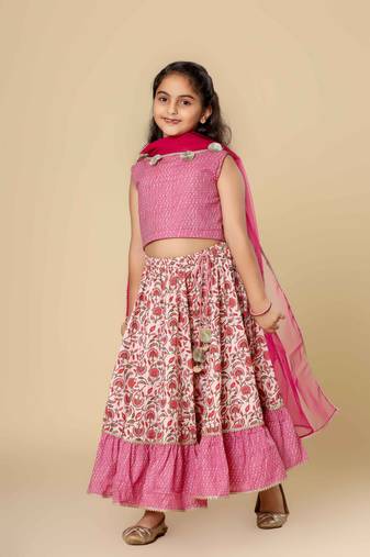 Pink embllished floral printed cotton lehnga choli set with dupatta girls