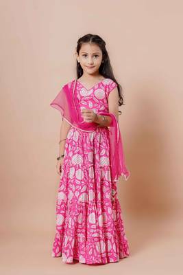 Girls indigo floral print lehenga & choli set with dupatta in cotton 1