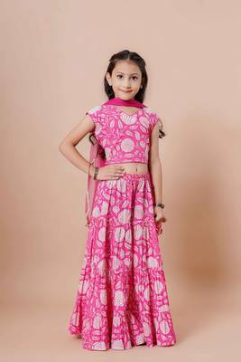 Girls indigo floral print lehenga & choli set with dupatta in cotton 2