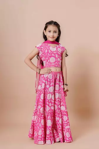 Girls indigo floral print lehenga & choli set with dupatta in cotton