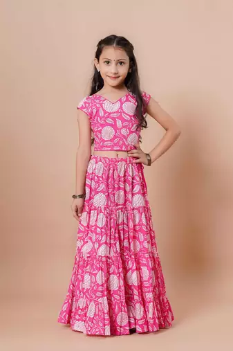 Girls indigo floral print lehenga & choli set with dupatta in cotton