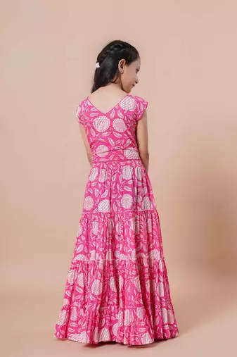 Girls indigo floral print lehenga & choli set with dupatta in cotton