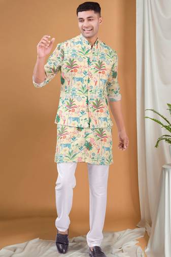 Shiwam ethnix men's pastel kurta, jacket and elastic pyjama set - tropical paradise