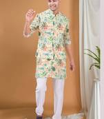 men's pastel kurta, jacket and elastic pyjama set - tropical paradise