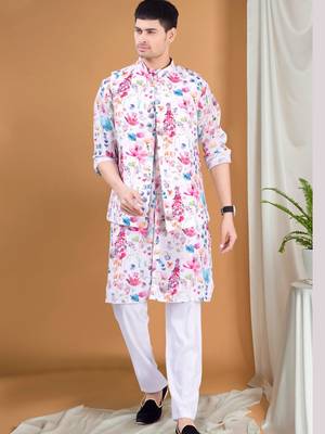 men's pastel kurta, jacket and elastic pyjama set - tropical paradise 1