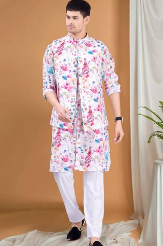 Shiwam ethnix men's pastel kurta, jacket and elastic pyjama set - tropical paradise