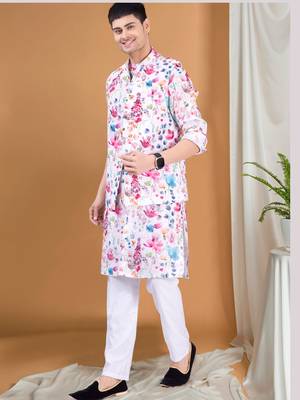 men's pastel kurta, jacket and elastic pyjama set - tropical paradise 3