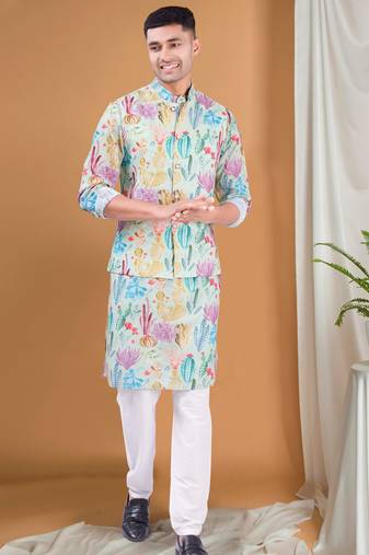 Shiwam ethnix men's pastel kurta, jacket and elastic pyjama set - tropical paradise
