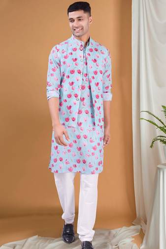 Shiwam ethnix men's pastel kurta, jacket and elastic pyjama set - tropical paradise