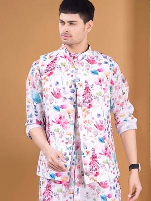 men's pastel kurta, jacket and elastic pyjama set - tropical paradise 4