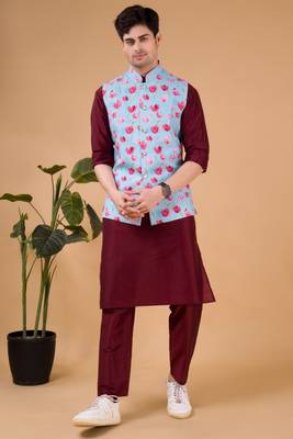 men's silk kurta, jacket and elastic pyjama set - tropical paradise 1