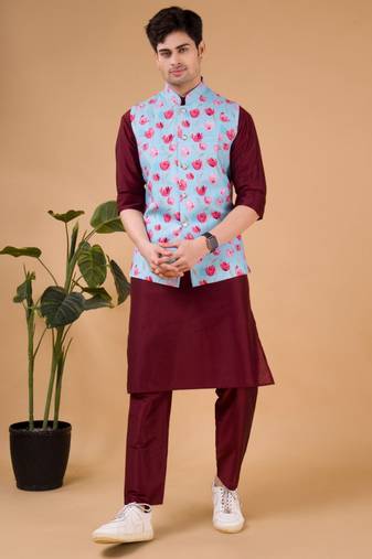 Shiwam ethnix men's silk kurta, jacket and elastic pyjama set - tropical paradise