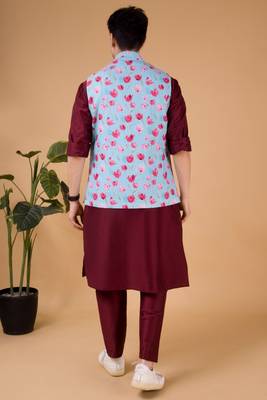 men's silk kurta, jacket and elastic pyjama set - tropical paradise 2
