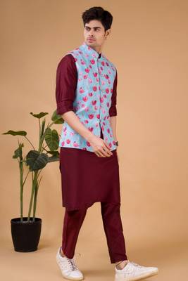 men's silk kurta, jacket and elastic pyjama set - tropical paradise 3