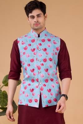 men's silk kurta, jacket and elastic pyjama set - tropical paradise 4