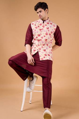 Shiwam ethnix men's silk kurta, jacket and elastic pyjama set - tropical paradise