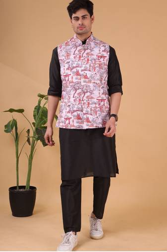 Shiwam ethnix men's silk kurta, jacket and elastic pyjama set - tropical paradise