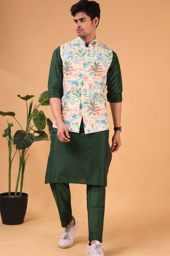 Shiwam ethnix men's silk kurta, jacket and elastic pyjama set - tropical paradise