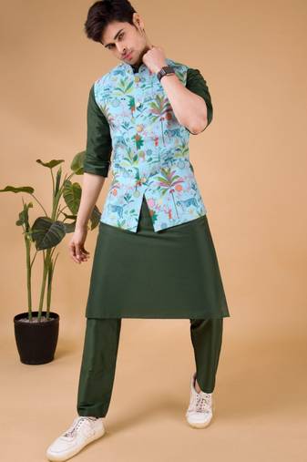 Shiwam ethnix men's silk kurta, jacket and elastic pyjama set - tropical paradise