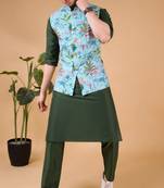 men's silk kurta, jacket and elastic pyjama set - tropical paradise