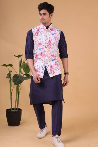 Shiwam ethnix men's silk kurta, jacket and elastic pyjama set - tropical paradise