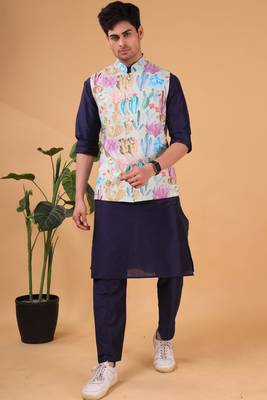 men's silk kurta, jacket and elastic pyjama set - tropical paradise 1