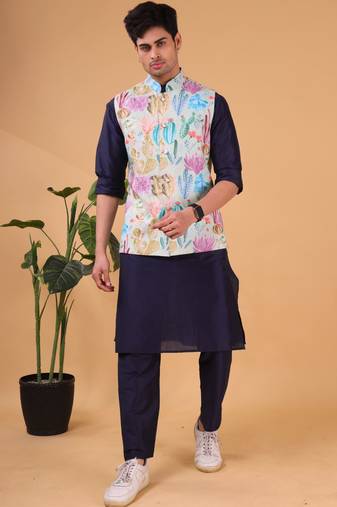 Shiwam ethnix men's silk kurta, jacket and elastic pyjama set - tropical paradise