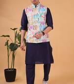 men's silk kurta, jacket and elastic pyjama set - tropical paradise