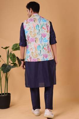 men's silk kurta, jacket and elastic pyjama set - tropical paradise 2