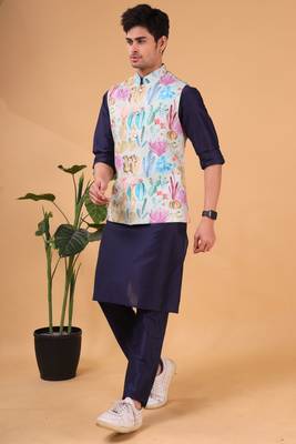 men's silk kurta, jacket and elastic pyjama set - tropical paradise 3