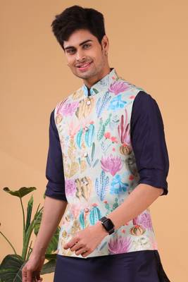 men's silk kurta, jacket and elastic pyjama set - tropical paradise 4