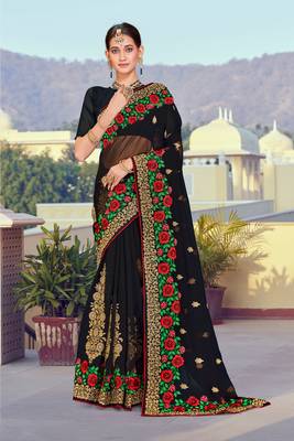 Black Zari Resham Embroidered Georgette Saree With Blouse Piece 1