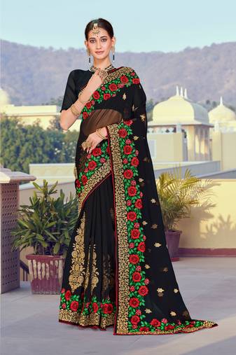 Black Zari Resham Embroidered Georgette Saree With Blouse Piece