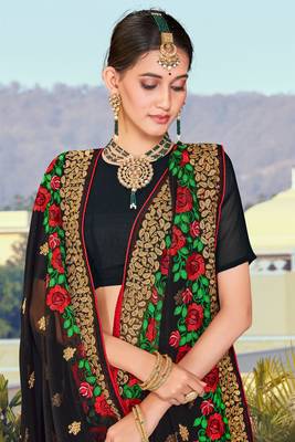 Black Zari Resham Embroidered Georgette Saree With Blouse Piece 2